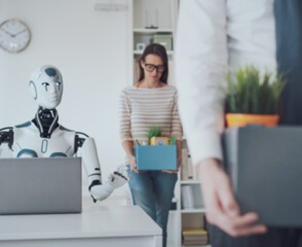 Robot working at a laptop while employees carry boxes out of an office.