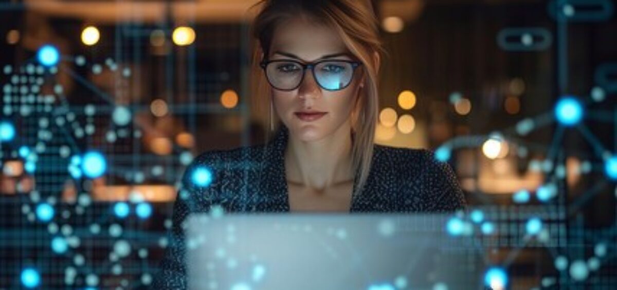Woman working at a laptop surrounded by digital data graphics.