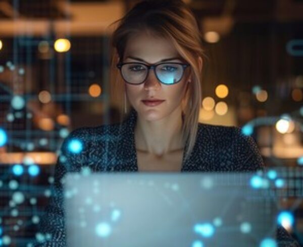 Woman working at a laptop surrounded by digital data graphics.
