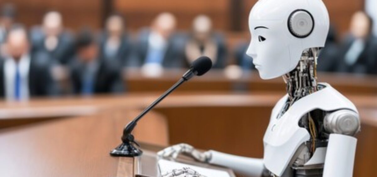 Robot speaking into a microphone in a courtroom.