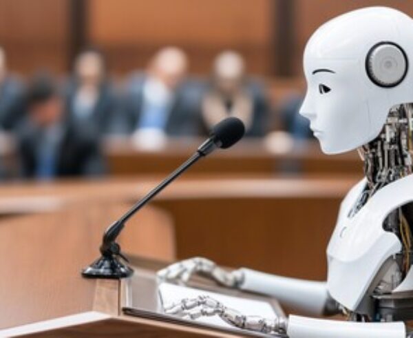 Robot speaking into a microphone in a courtroom.